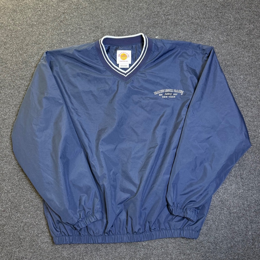 Vintage Hard Rock Cafe Pullover Windbreaker Mens Large Blue NYC V-Neck Jacket